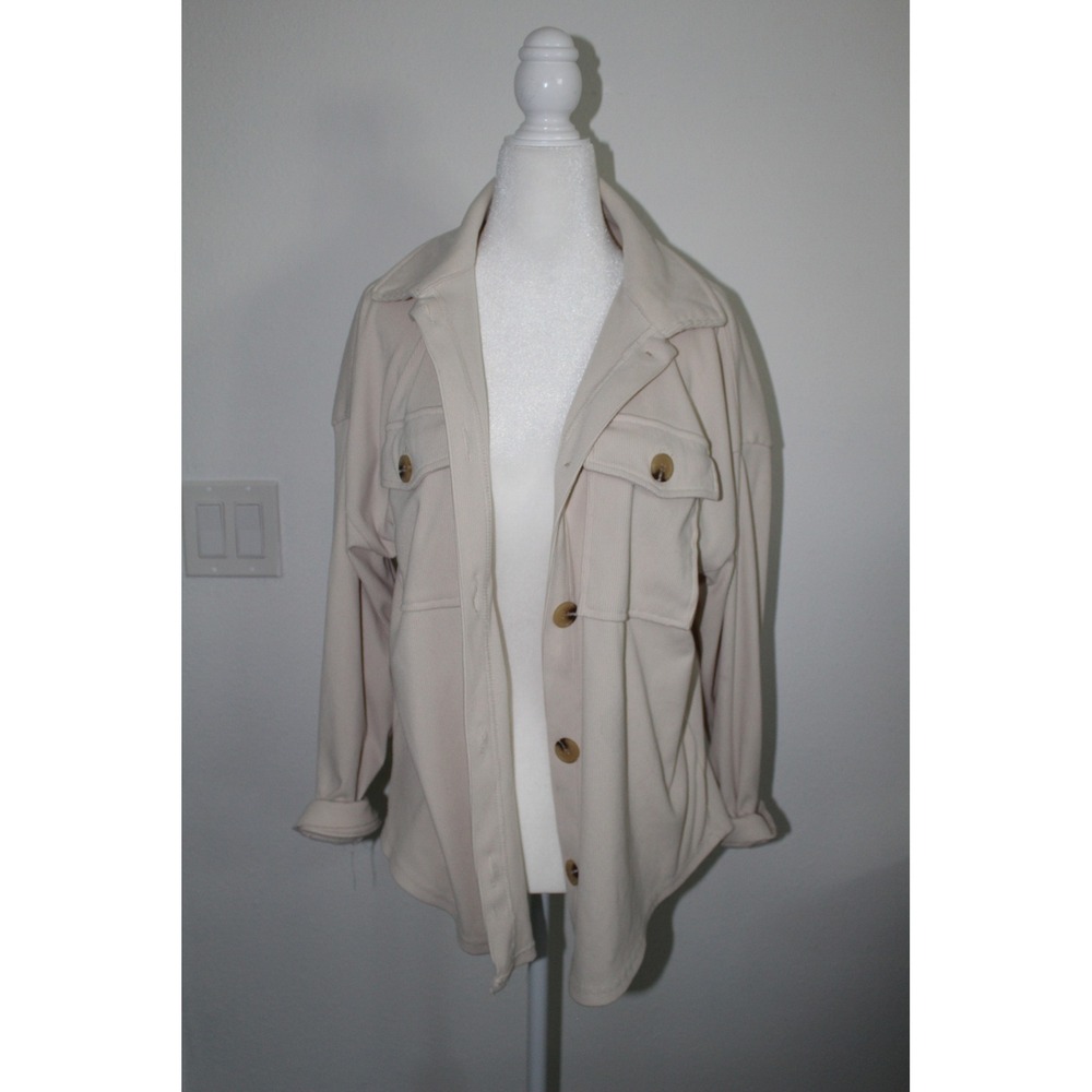 Hippie Rose Womens Cream Ribbed‎ Knit Button Down Shacket Shirt Jacket Size S